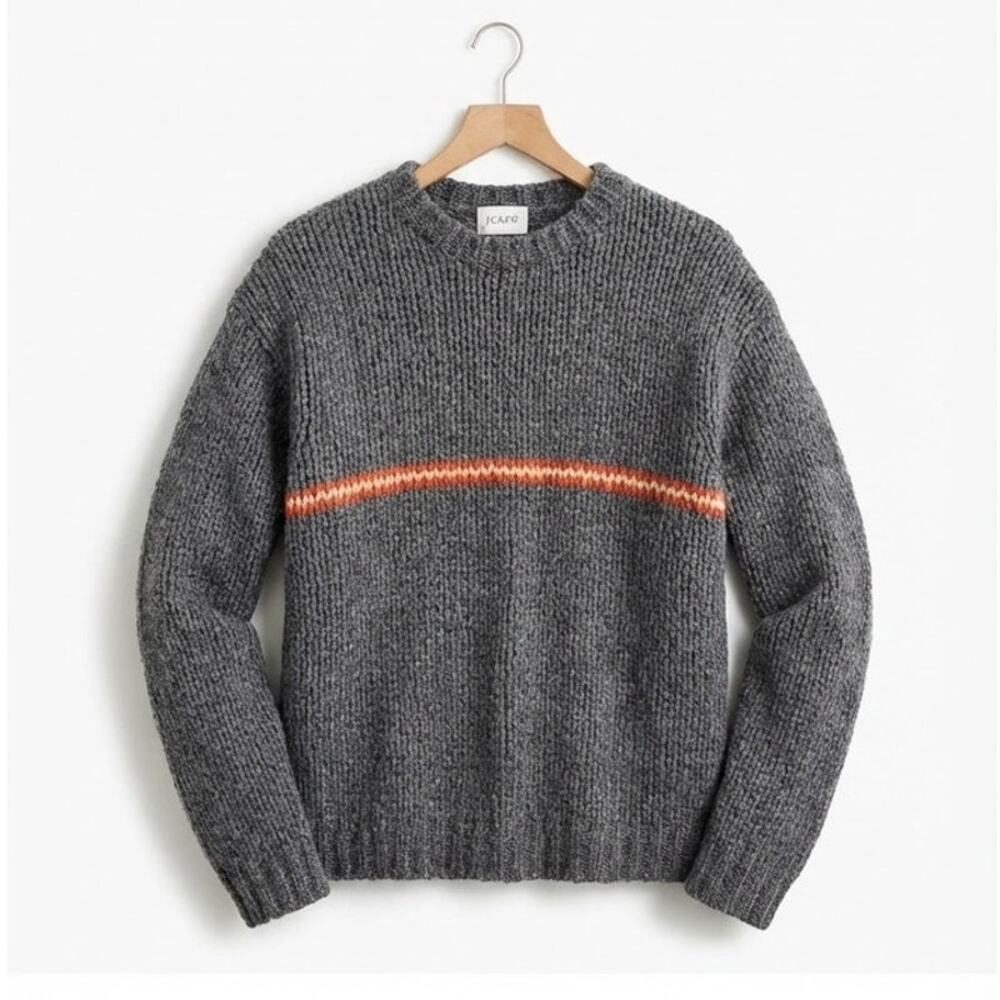 🌻VTG 90s J.Crew 100% Wool Sweater Mens XL Gray Orange Stripe Crewneck Preppy